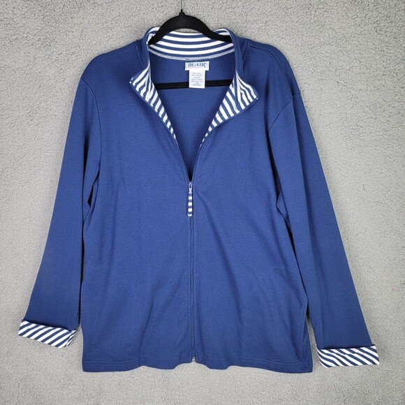 Blair Women's Jacket Sz L Blue Full Zip Pockets White Stripe Contrast - Picture 3 of 15